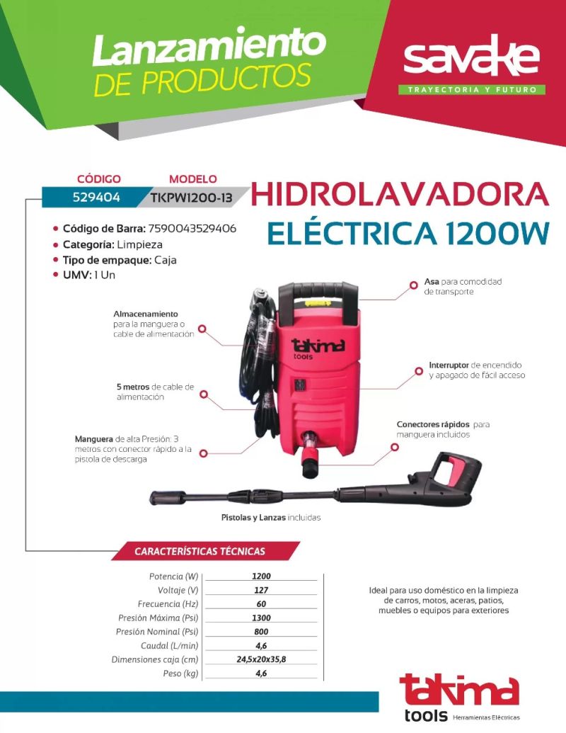Comprar Hidrolimpiadora 1200 Watts Takima en Electroshopy